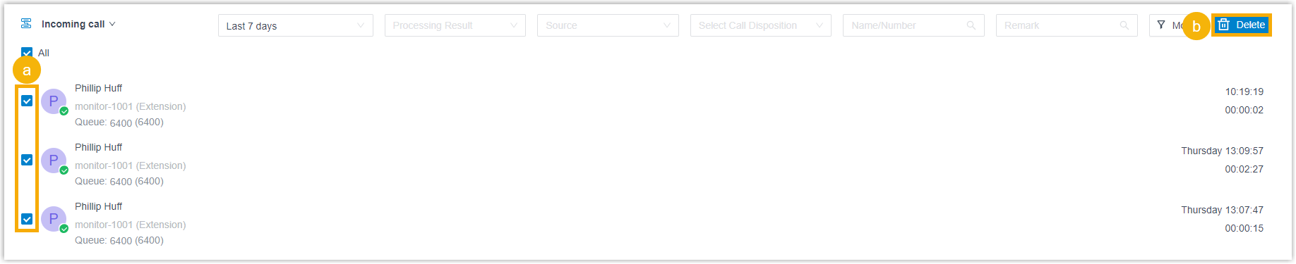 Selected incoming queue call logs ready for bulk deletion in the desktop app