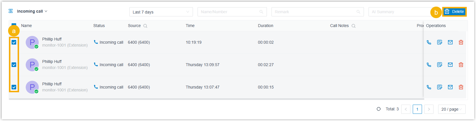 Selected incoming queue call logs ready for bulk deletion in the web app