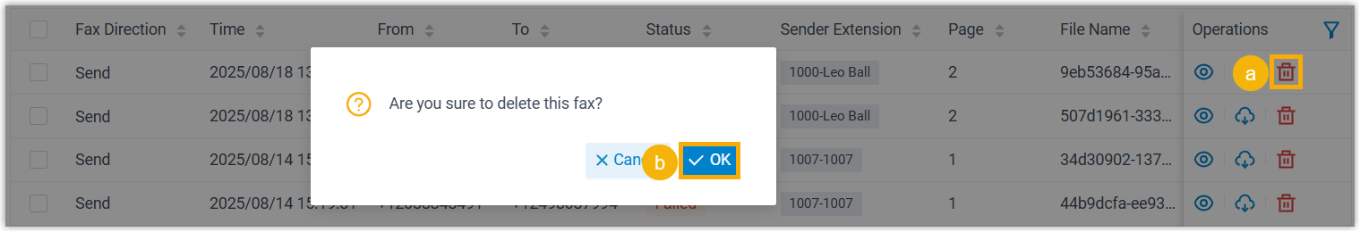 Delete option shown for one entry in the fax list