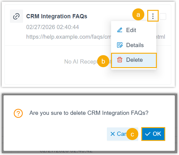 Deleting one knowledge base entry from its options menu