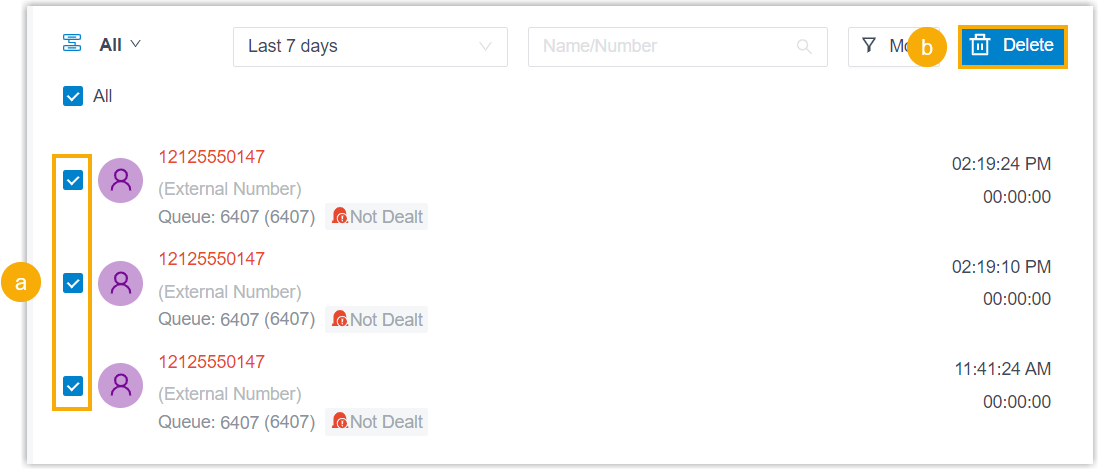 Selecting multiple queue call logs for deletion in the desktop app