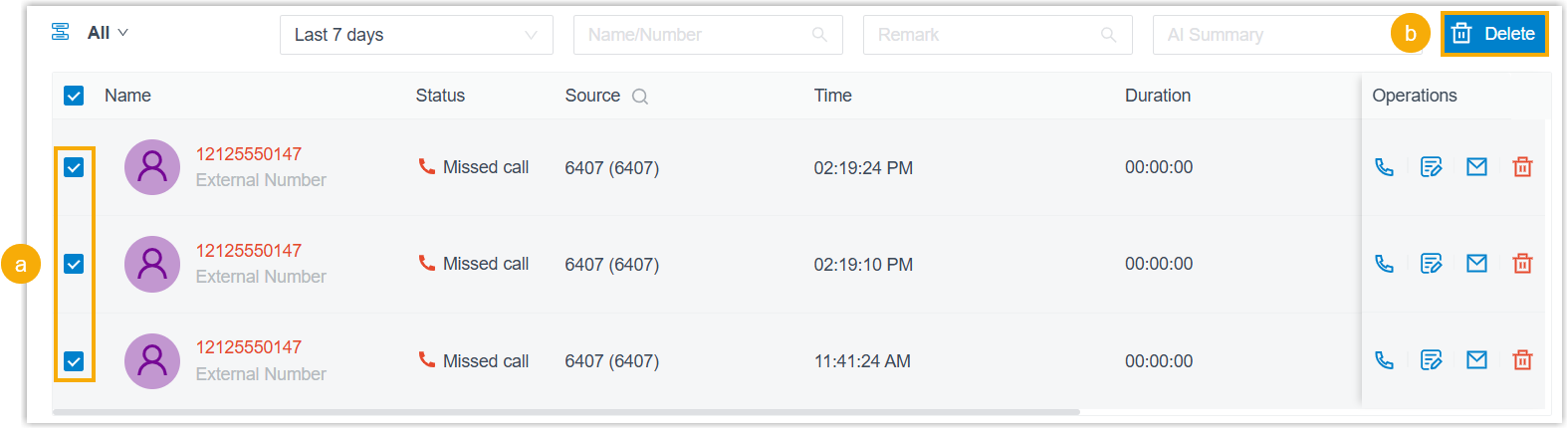 Selecting multiple queue call logs for deletion in the web app