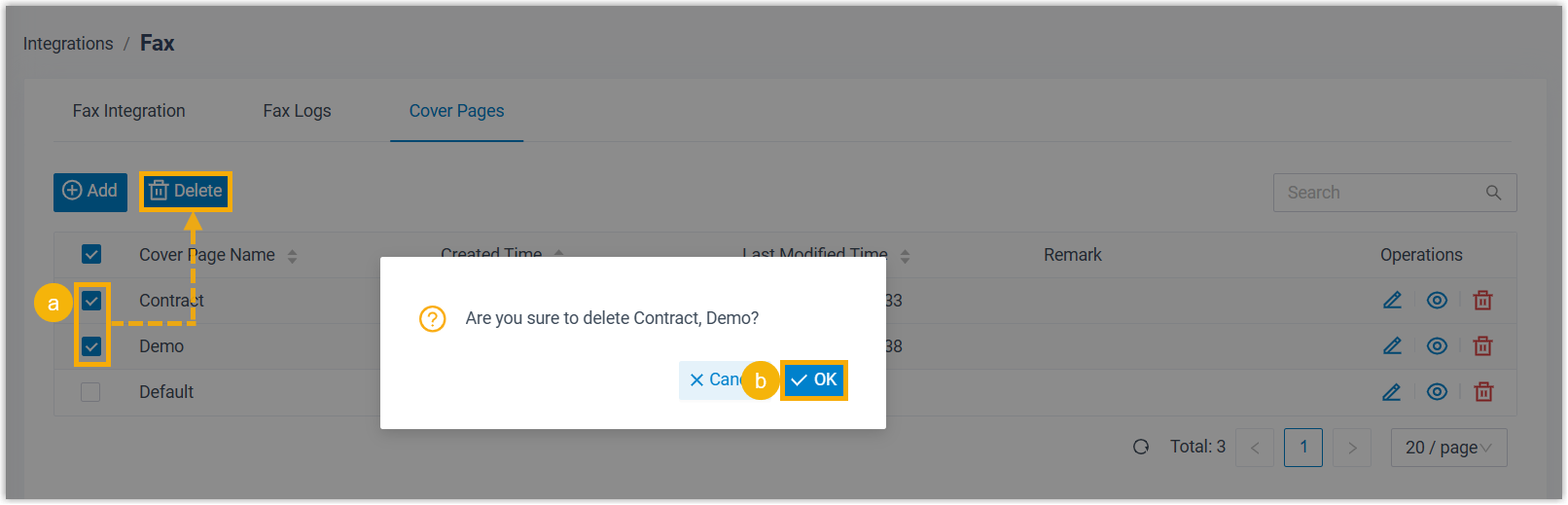 Cover page list with multiple rows selected and the Delete button active