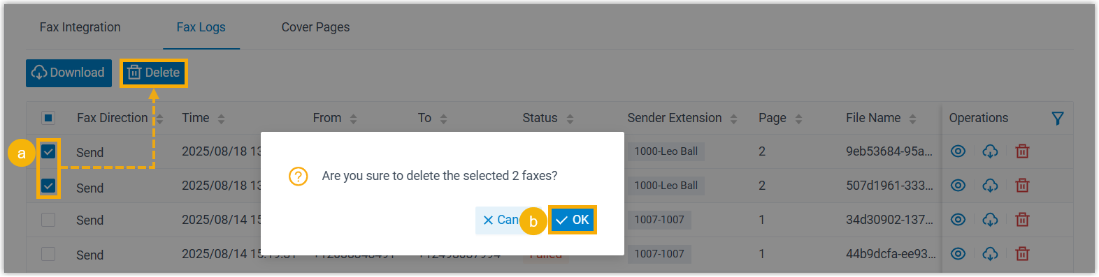 Multiple fax entries selected for bulk removal