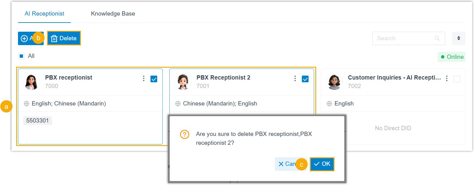Selecting multiple AI receptionists and deleting them together