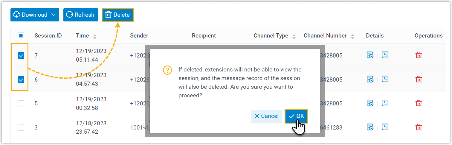 Selecting multiple sessions to delete