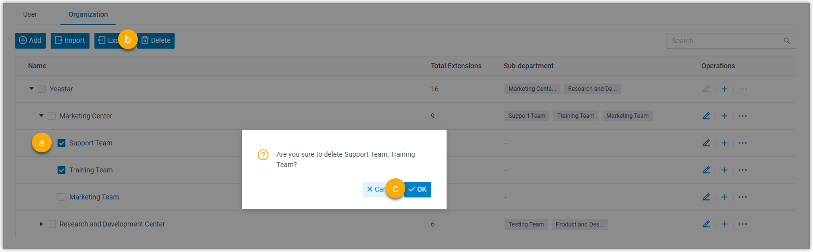 Selecting departments and deleting them from the organization tree