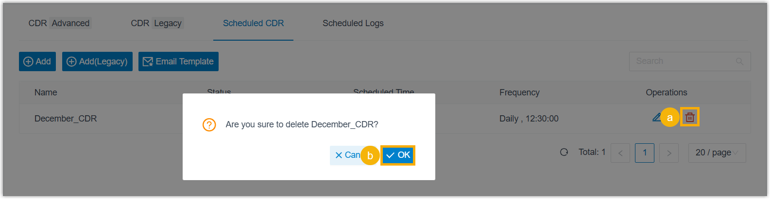 Deleting a scheduled CDR delivery task from the Scheduled CDR tab
