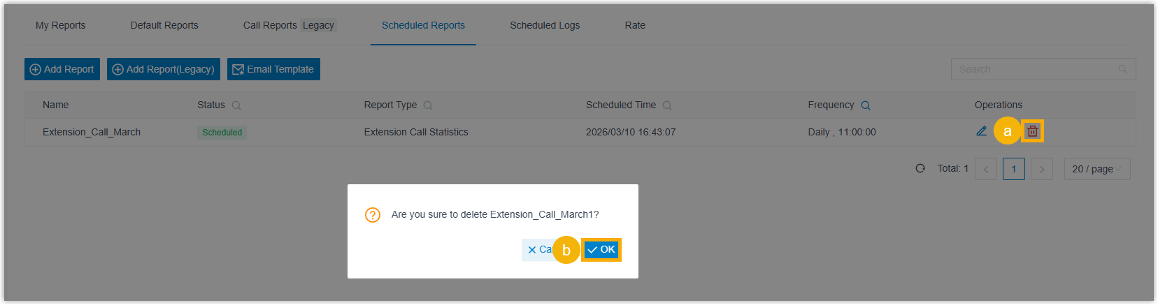 The Scheduled Reports tab with the delete control highlighted next to a task