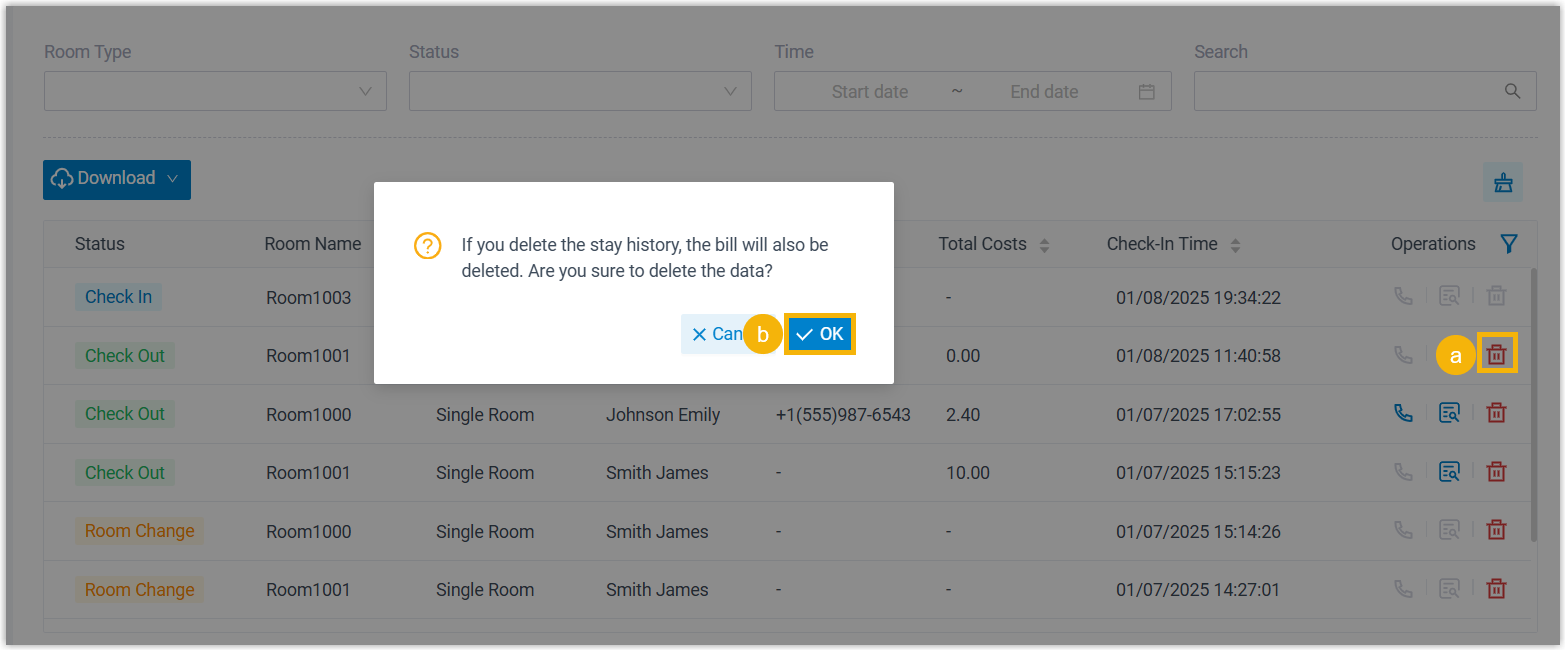 Confirmation prompt for deleting a single guest stay record