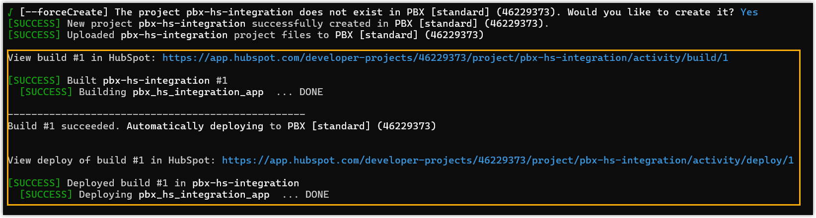 The terminal reporting a completed deployment to HubSpot