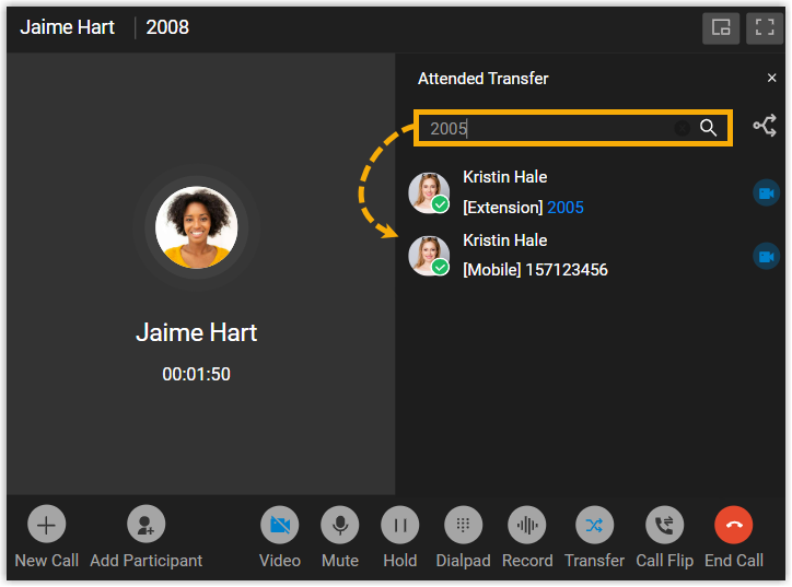 Searching for a contact to set up an attended transfer