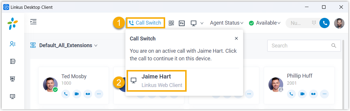 Cloud Voice, the Call Switch control at the top of the desktop app listing a call in progress on another device