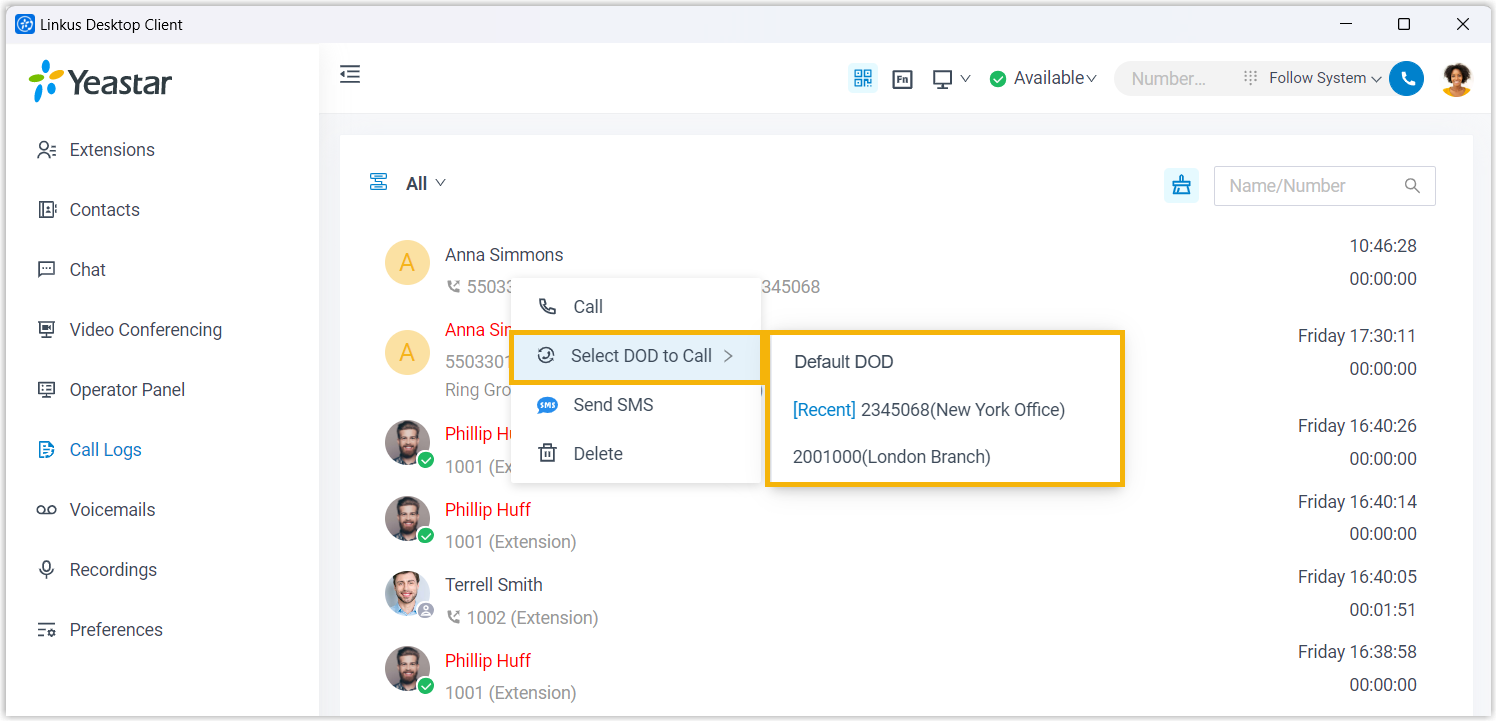 Cloud Voice, choosing a DOD from a call log entry before calling back