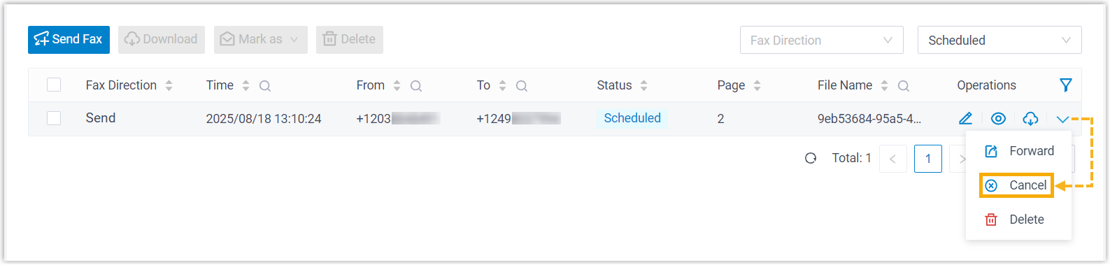 Cancel option in the action menu for a scheduled fax