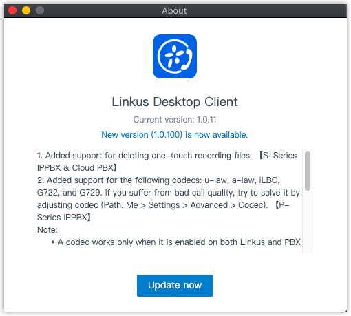 Cloud Voice, the update window showing the latest release notes