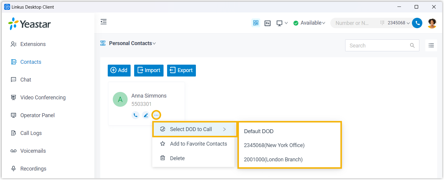 Cloud Voice, choosing a DOD for a contact before calling