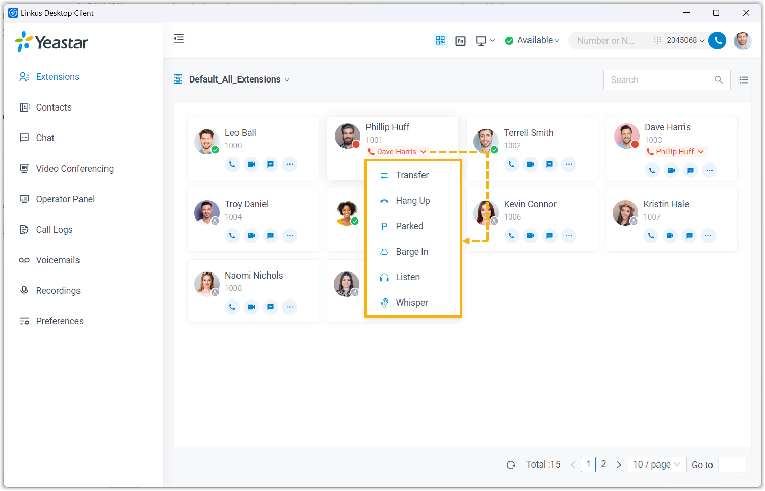Cloud Voice, transfer, park, monitor, and hang-up options for a connected call