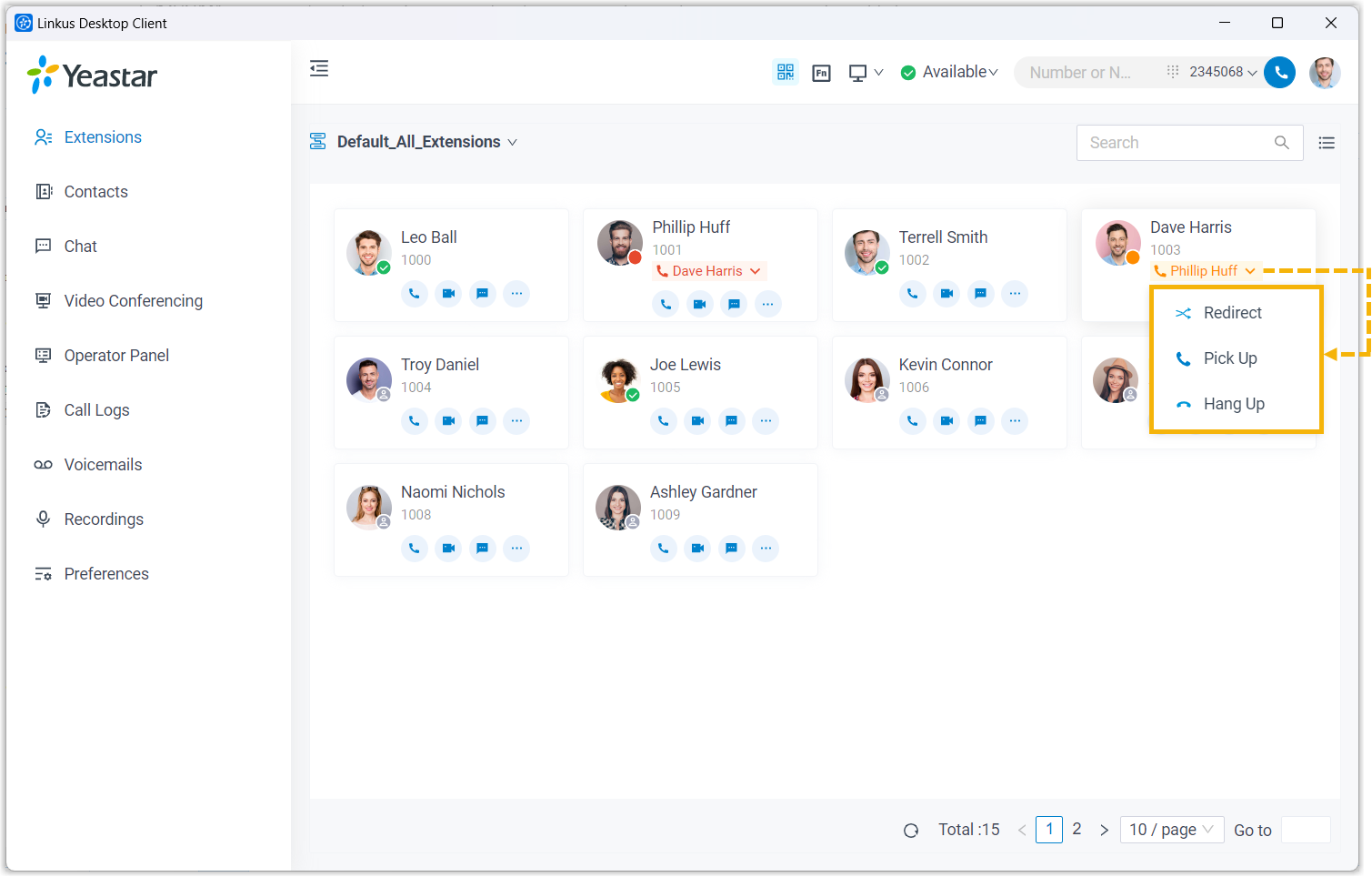 Cloud Voice, redirect, pick-up, and hang-up options for a ringing call