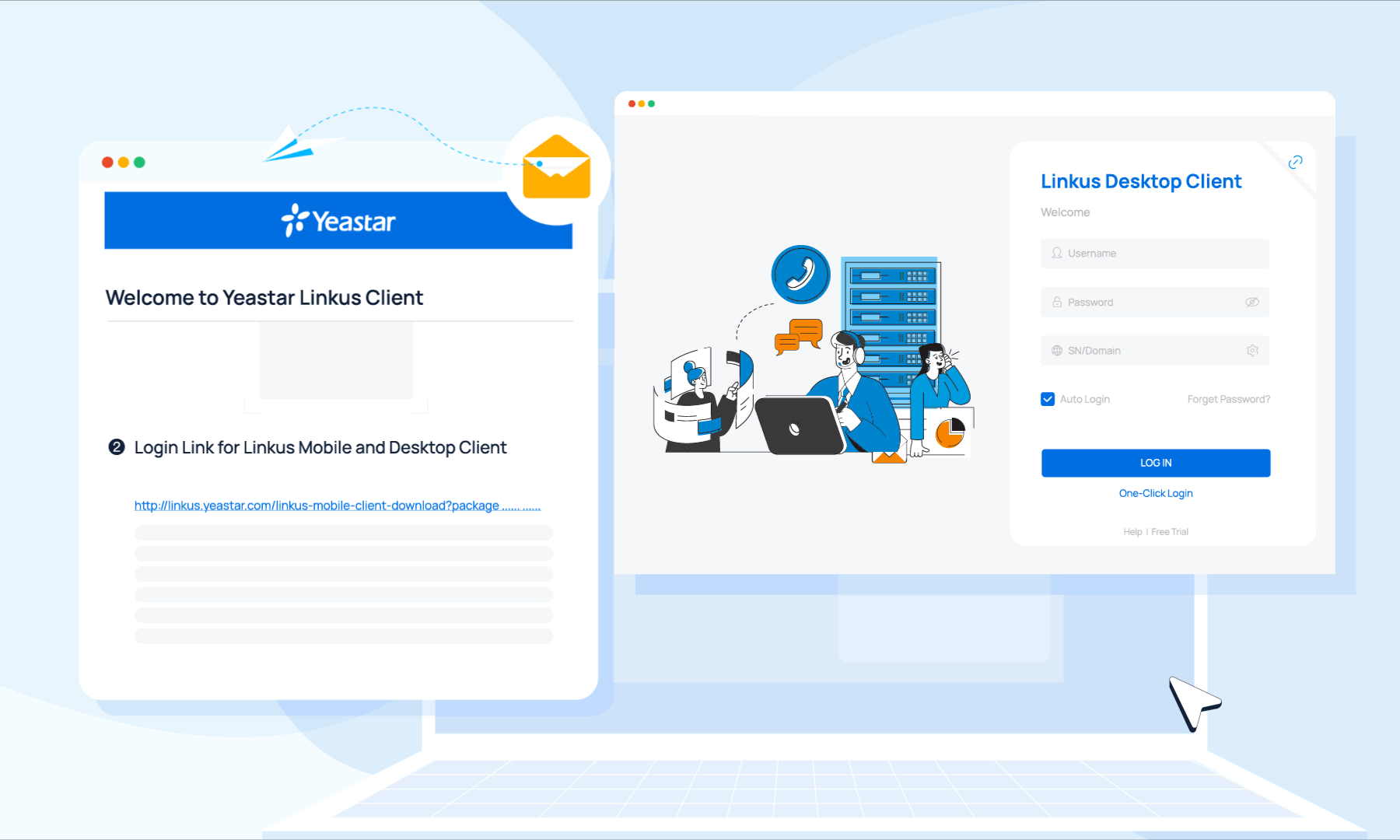 Cloud Voice, using the welcome-email login link to sign in on the desktop app