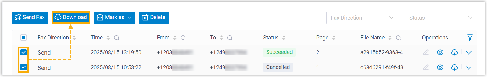 Several fax logs selected with the download action ready