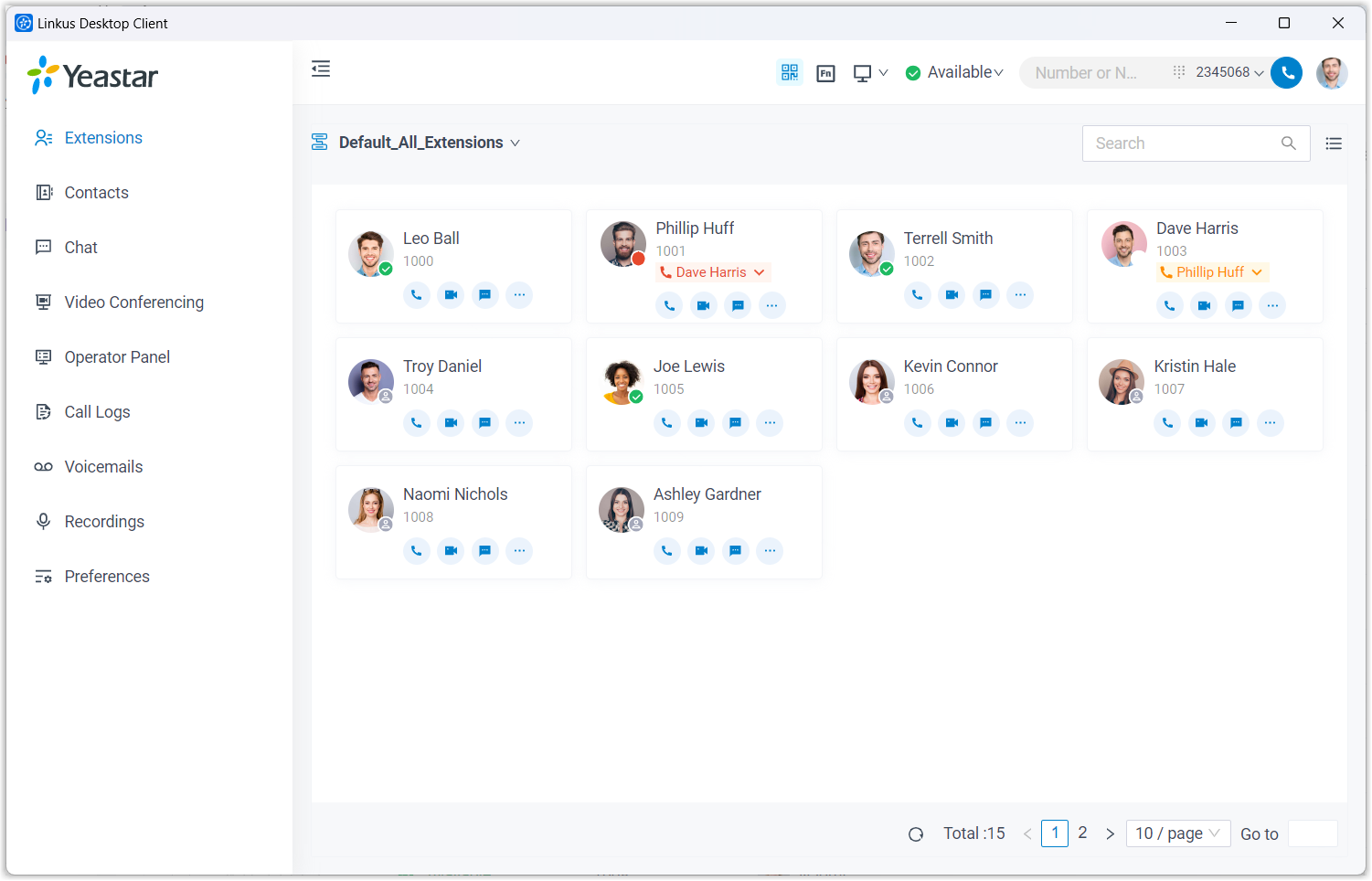 Cloud Voice, Extensions panel listing colleagues with call-status markers beside their names