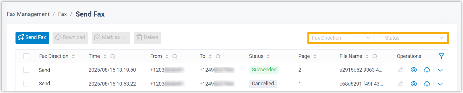 Filter controls positioned above the fax list