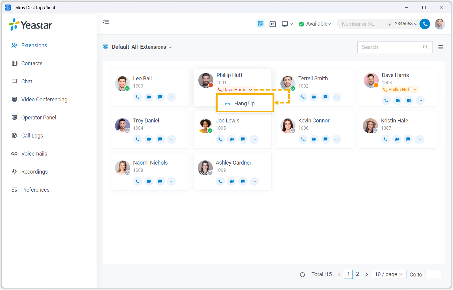 Cloud Voice, hang-up option shown after clicking the status label of an outgoing call