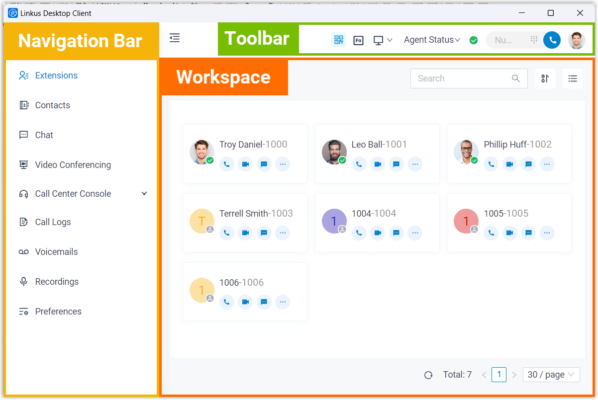 Cloud Voice, desktop client interface with the navigation bar down the left side, the toolbar along the top, and the workspace in the center