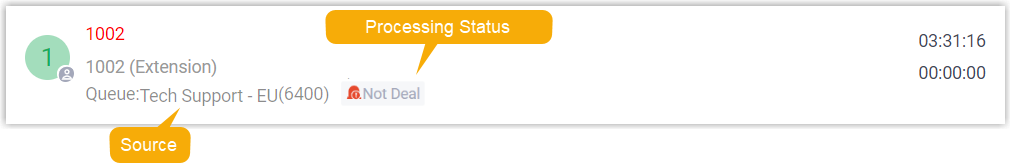 Expanded queue call log entry showing the source queue and processing status in the desktop app