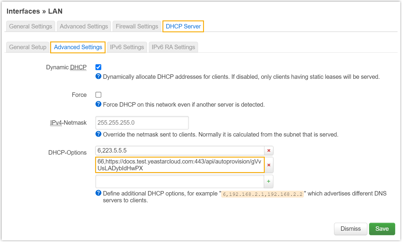 Cloud Voice, DHCP option 66 set to the provisioning link on a router
