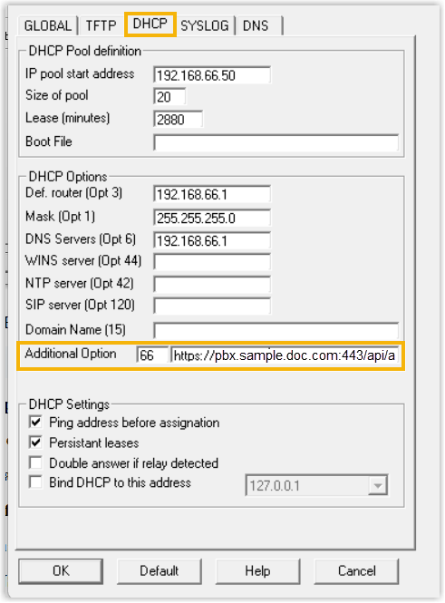 DHCP tab with the address pool and option settings