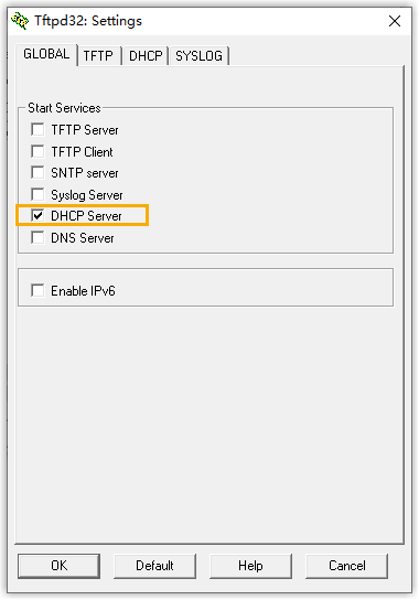 Enabling the DHCP Server option on the GLOBAL tab