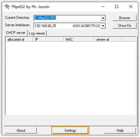 Tftpd32 main window with the Settings button