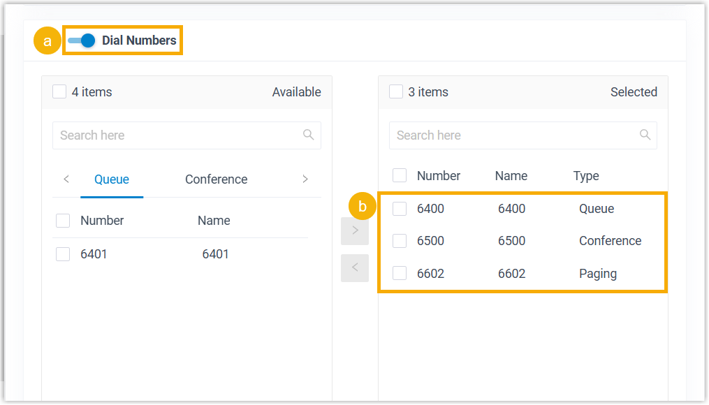 Selecting the numbers callers may dial