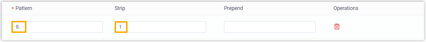Outbound route dial pattern set to a 9-prefix with one digit stripped