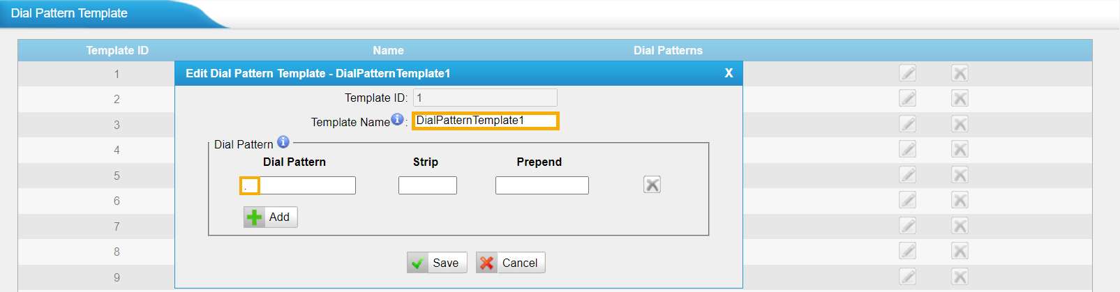 Dial pattern template on the gateway showing the default settings