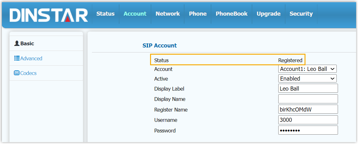 The Dinstar account list showing the extension with a registered status