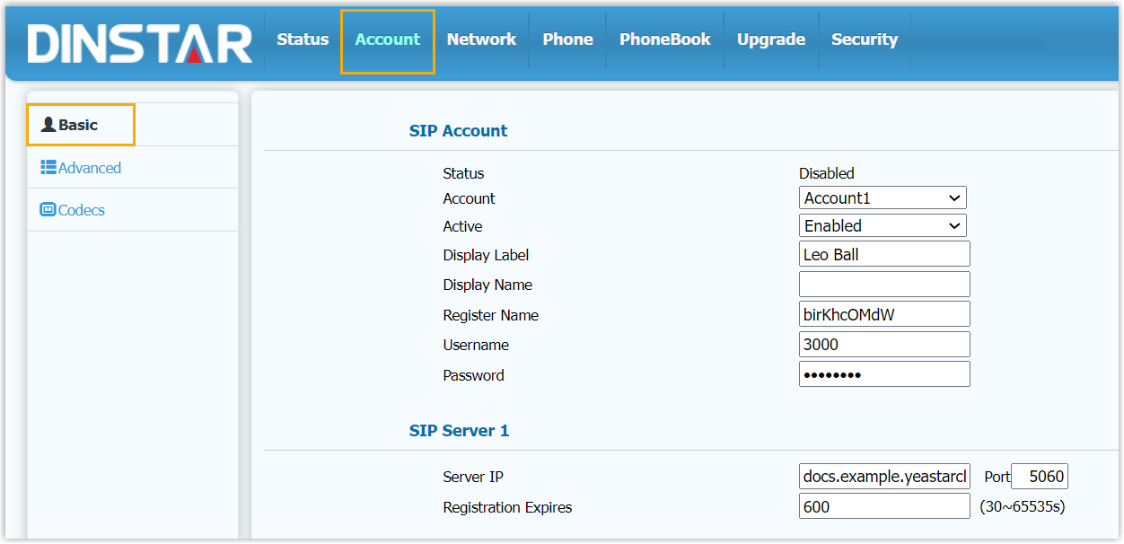Cloud Voice, the Account Basic page on the Dinstar phone with credential and server fields filled in