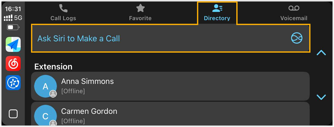 Siri prompt started from the Directory tab, ready to take a spoken call command