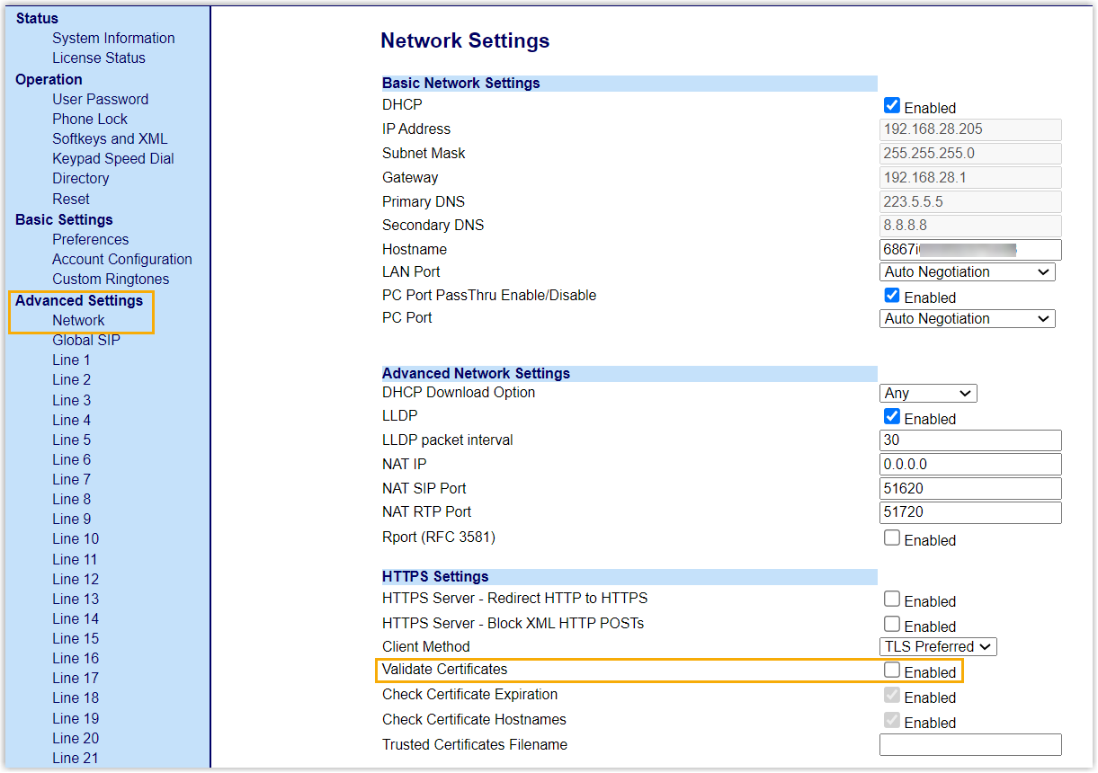 Disabling certificate validation on the Mitel phone