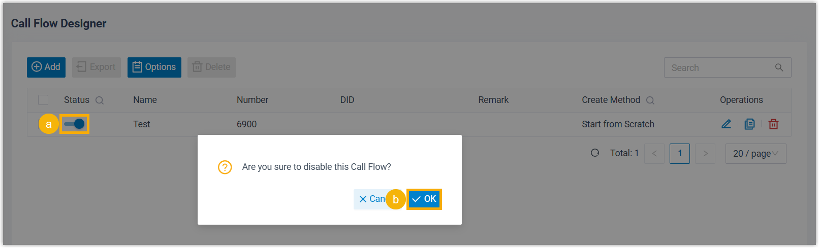 Call flow list with a flow being switched off from the toggle in its row