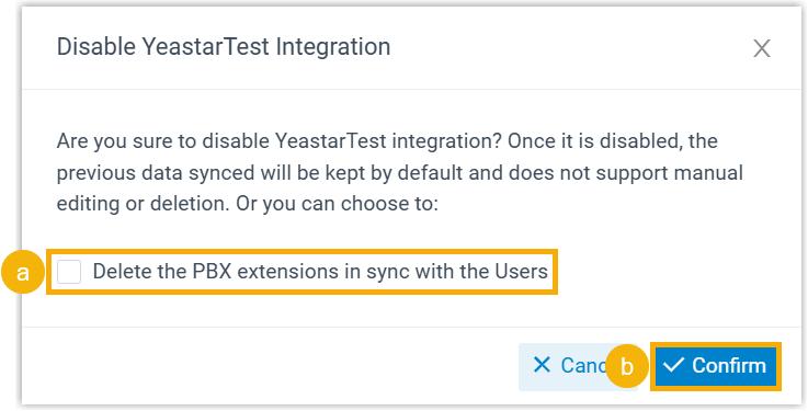 Cloud Voice, confirmation window with an option to delete the extensions tied to synced users