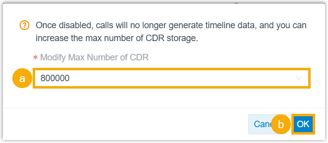 Confirmation dialog for disabling the timeline, with the option to raise the CDR storage limit