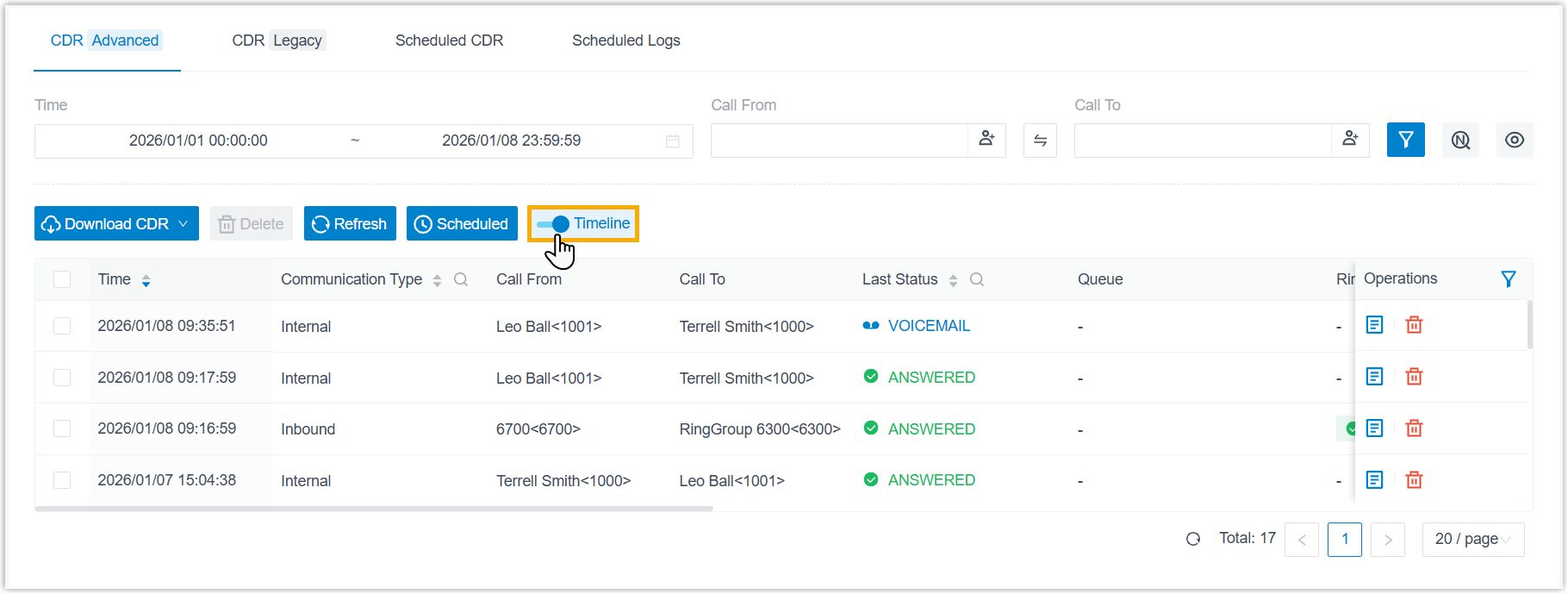 The Timeline toggle in the advanced CDR settings, shown in the off position
