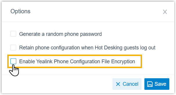The encryption checkbox cleared in the phone options dialog