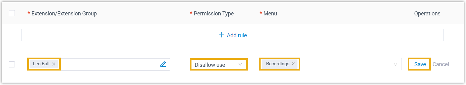 Menu visibility rule set to disallow the Recordings menu for chosen extensions