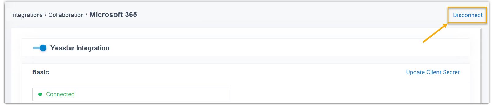 Cloud Voice, the Disconnect control shown at the top right of the Microsoft Entra ID integration page