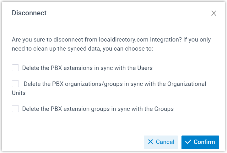The confirmation dialog with options for handling synced extensions, organizations, and groups
