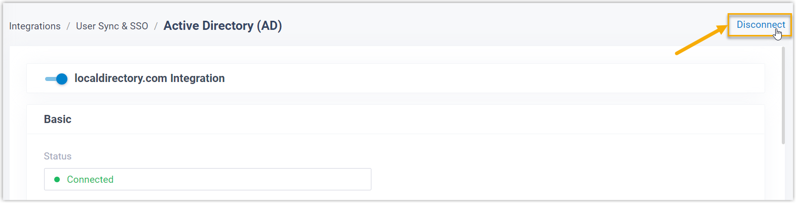 The Disconnect button on the Active Directory integration page